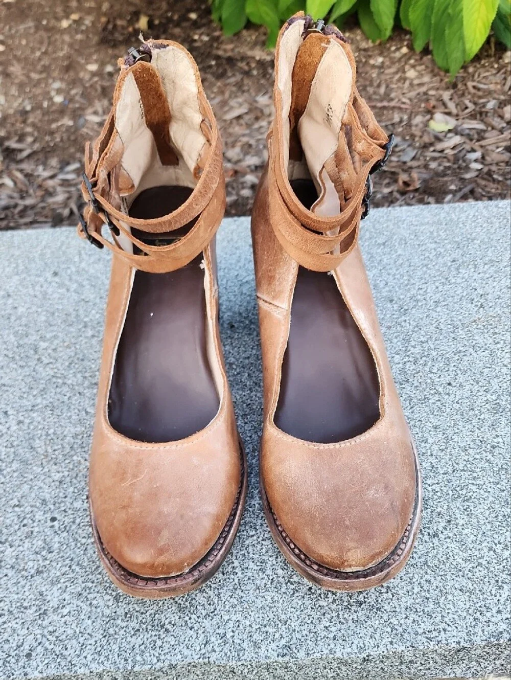 Freebird By Steven Randi Tan  Leather Block Closed Toe Pumps Triple Ankle Straps